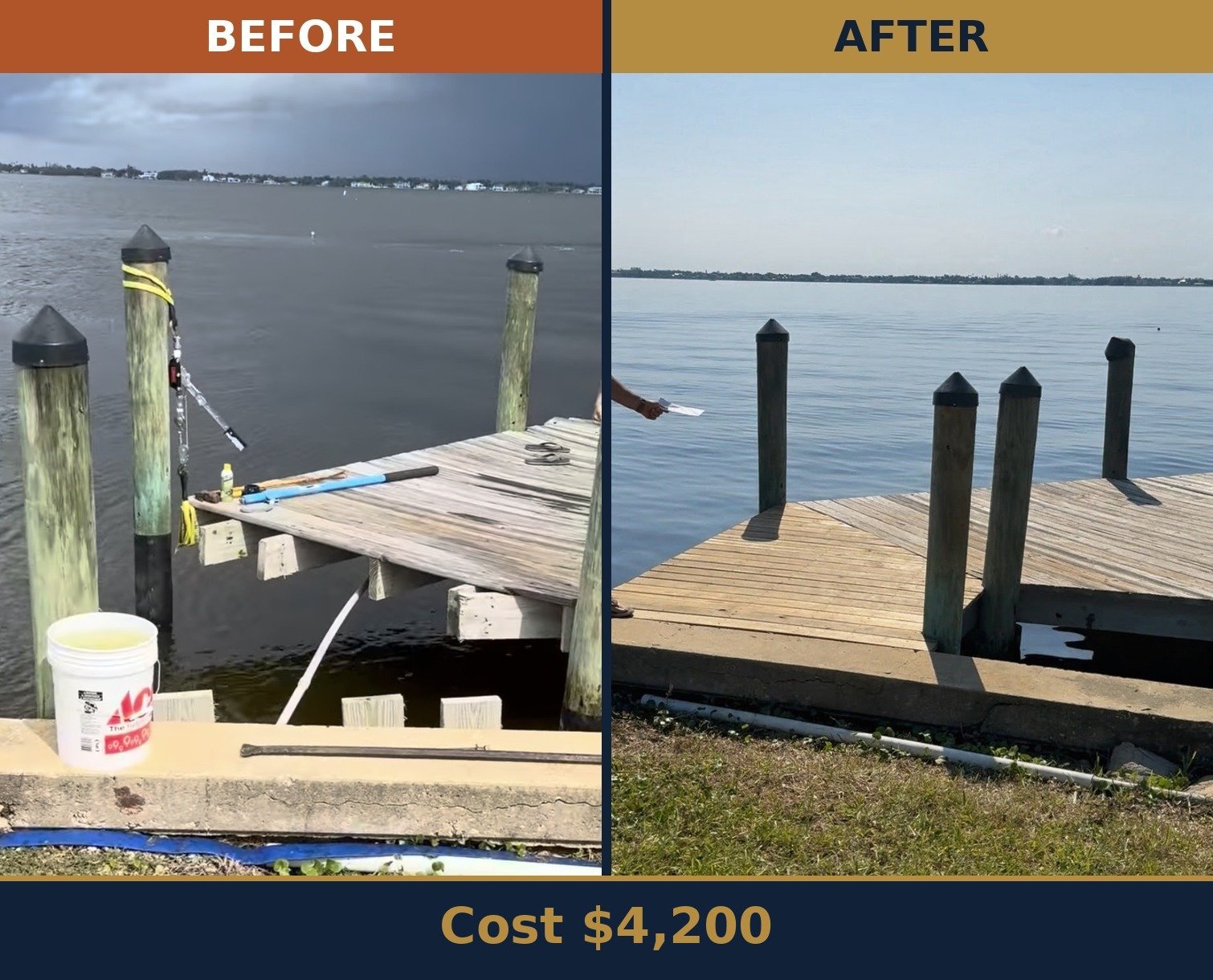 Before and after dock and piling repair, Cape Coral